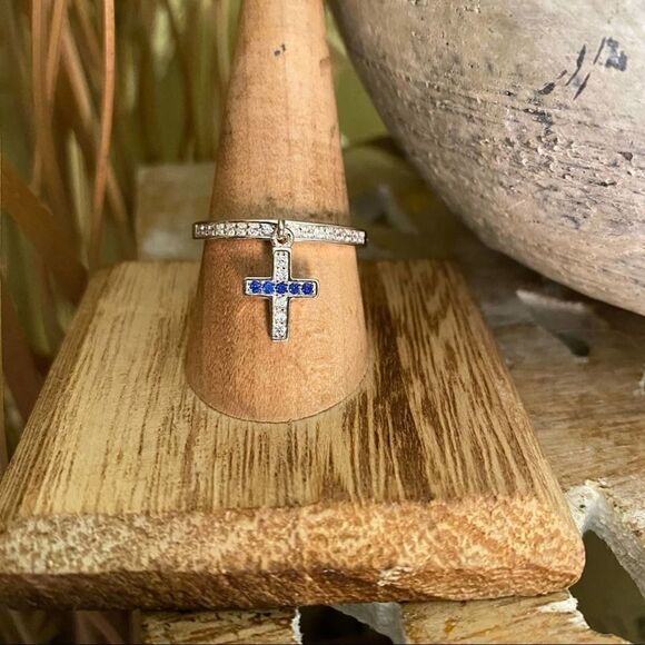 Sapphire Cross Dangle Sterling Silver CZ Ring Sizes 9,10 - Picture 4 of 6